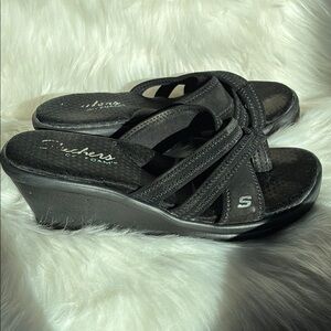 Skechers Black Wedge Slides with Crisscross Straps